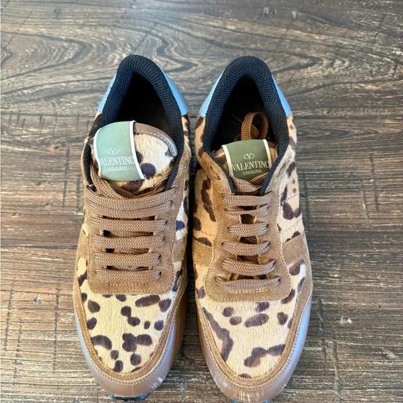 Valentino Garavani Leopard Pony Hair Rockstud Trainers Size 8 - Picture 3 of 14